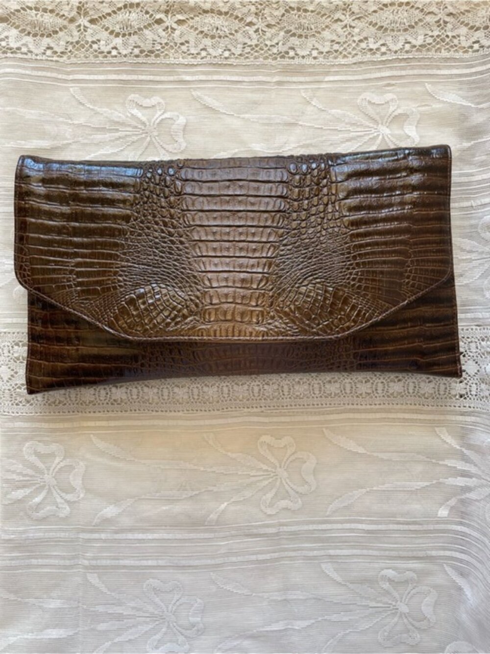 Vintage Genuine Hornback Crocodile Envelope Clutch Bag Brown Large 15.5”
